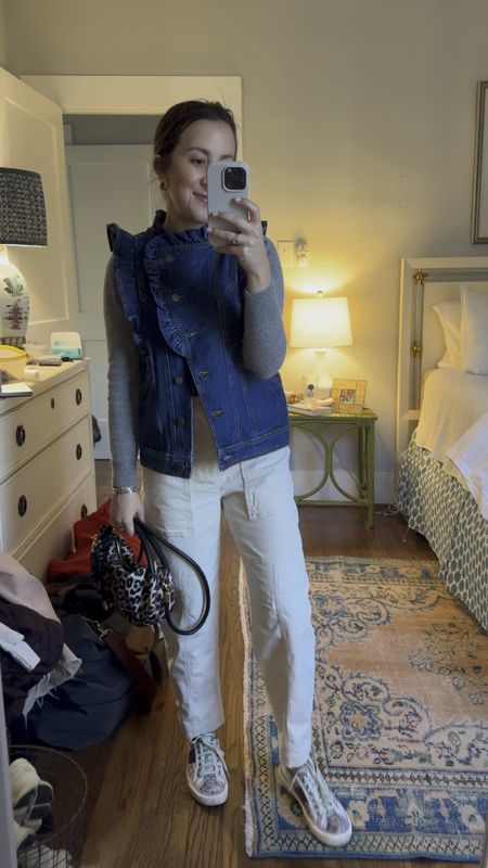 This new ruffled denim vest is going to be a layering staple for me… paired with my favorite under $50 cashmere sweater and the best barrel corduroy pants 