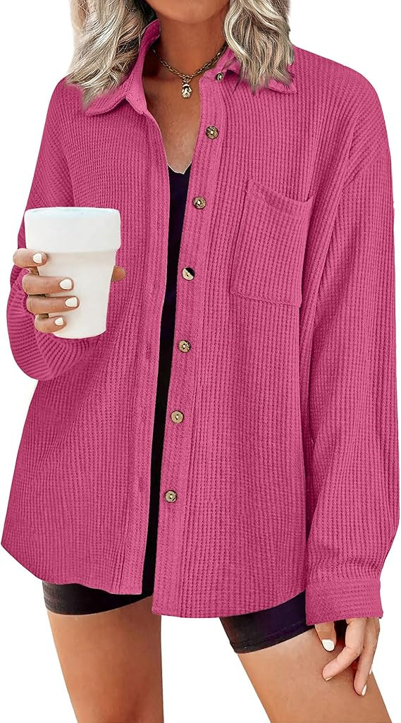 HOTOUCH Waffle Knit Button Down Shirts for Women Dressy Casual Work Tops Long Sleeve Loose Fit Sh... | Amazon (US)