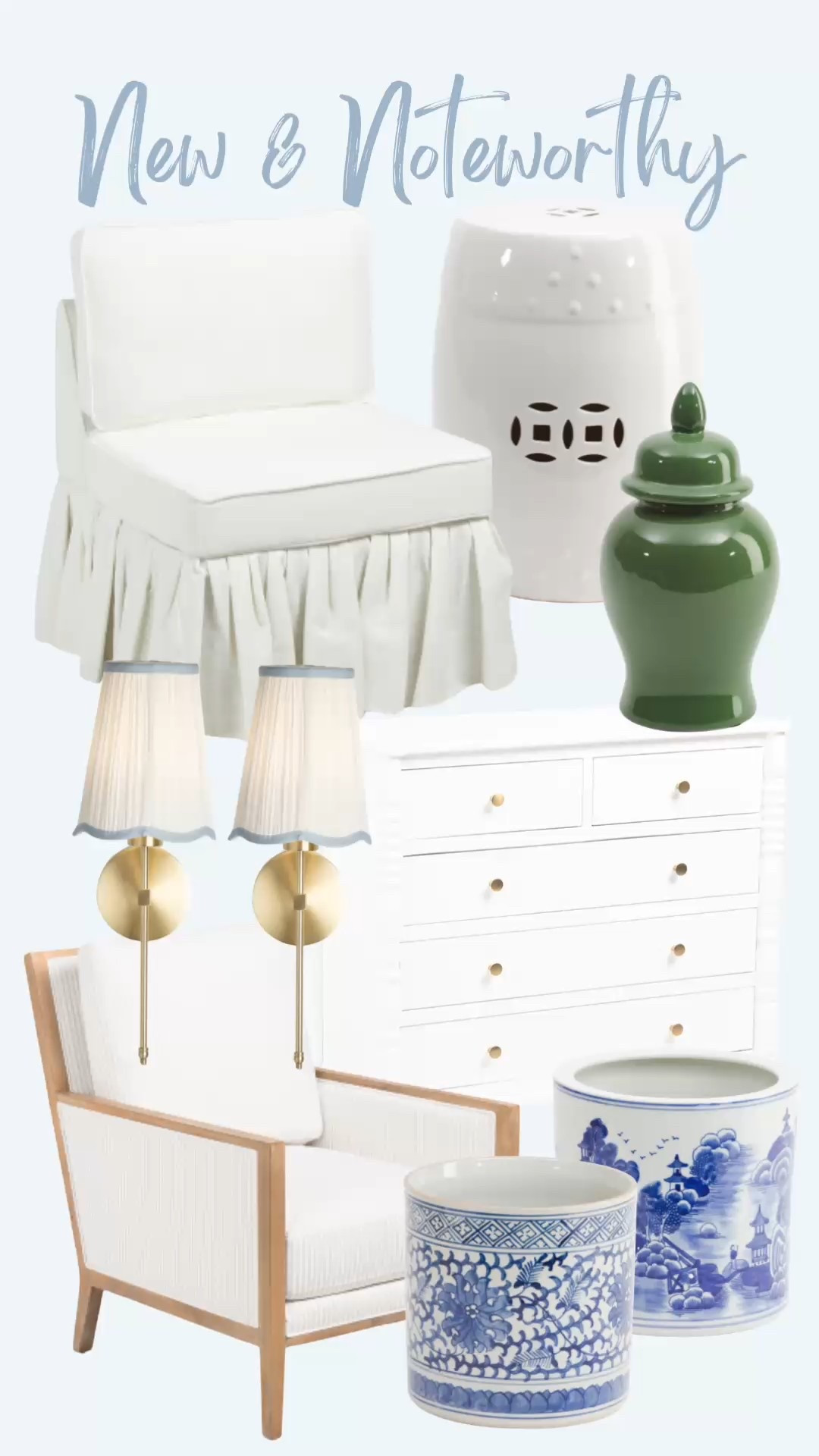 New home decor! 
Ruffle skirted accent chair
Green ginger jar
Spindle white dresser 
White garden stool
Striped accent chair with arms
Blue and white potted planters 
Chinoiserie planters 
Chinoiserie catch pot
Scalloped pleated sconce lighting 
Gold sconce lighting 
Pleated blue and white sconces 