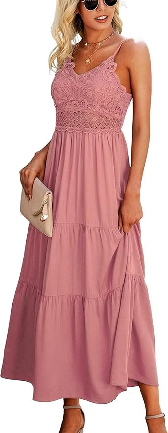 Dokuritu Women's Beach Crochet Lace Maxi Dress Solid Color Summer Vacation Spaghetti Strap Long D... | Amazon (US)