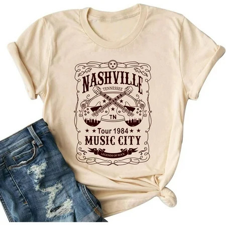 Nashville Music City Shirt for Women Guitar Vintage Graphic Short Sleeve Rocker Band T Shirt Tour Co | Walmart (US)