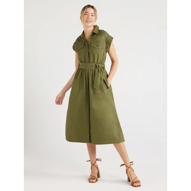 Free Assembly Women's Belted Utility Midi Dress, Sizes XS-XXL | Walmart (US)