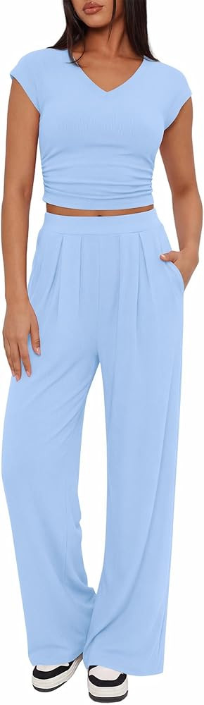 BTFBM Womens 2 Piece Outfits Spring 2026 V Neck Cap Sleeve Ruched Top Wide Leg Pants Sets Rib Kni... | Amazon (US)