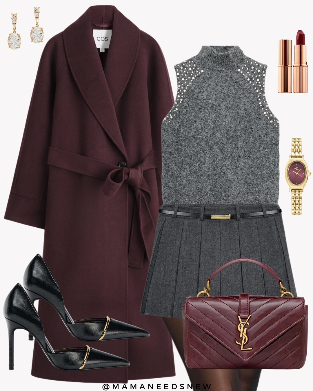 A holiday outfit with a wool belted coat, turtleneck vest top, pleated mini skirt with belt, top handle bag, heels 

#LTKHoliday #LTKSaleAlert #LTKParties