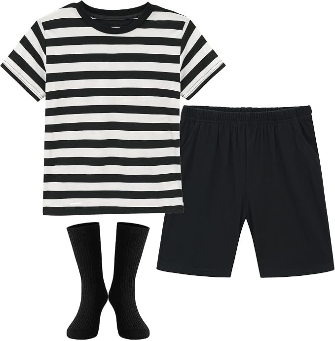 Halloween Costumes for Boys- Black and White Striped Shirt, Black Short and Tube Socks | Amazon (US)