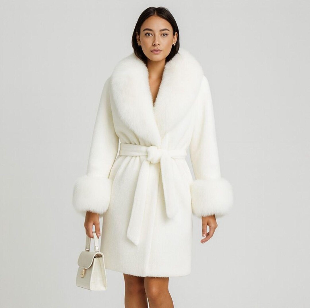 Elegant White Fur Coat For Women – Winter Luxury Belted Overcoat, With Fluffy Collar And Cuffs,... | Etsy (US)