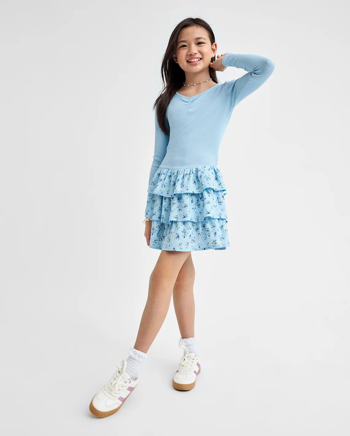 Girls Floral Tiered Drop Waist Dress - blue | The Children's Place