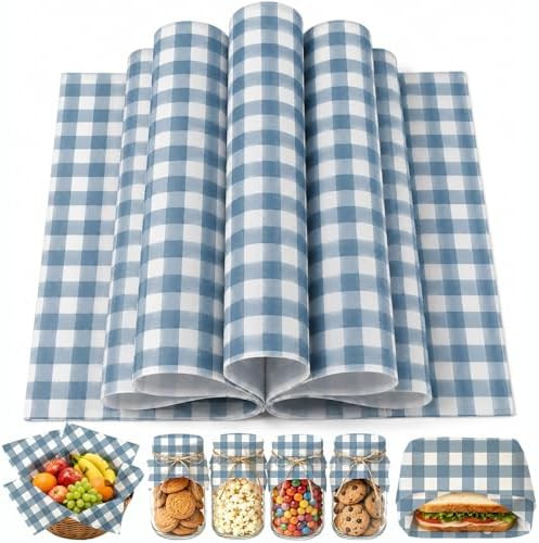 150 Sheets Dusty Blue Plaid Wax Paper for Food Deli, 9.8 x 8.3'' Gingham Plaids Greaseproof Wrapp... | Amazon (US)