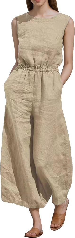 Women's Elegant Sleeveless Linen Jumpsuits Plus Size High Waist Wide Leg Casual Jumpsuit Pants Ro... | Amazon (US)