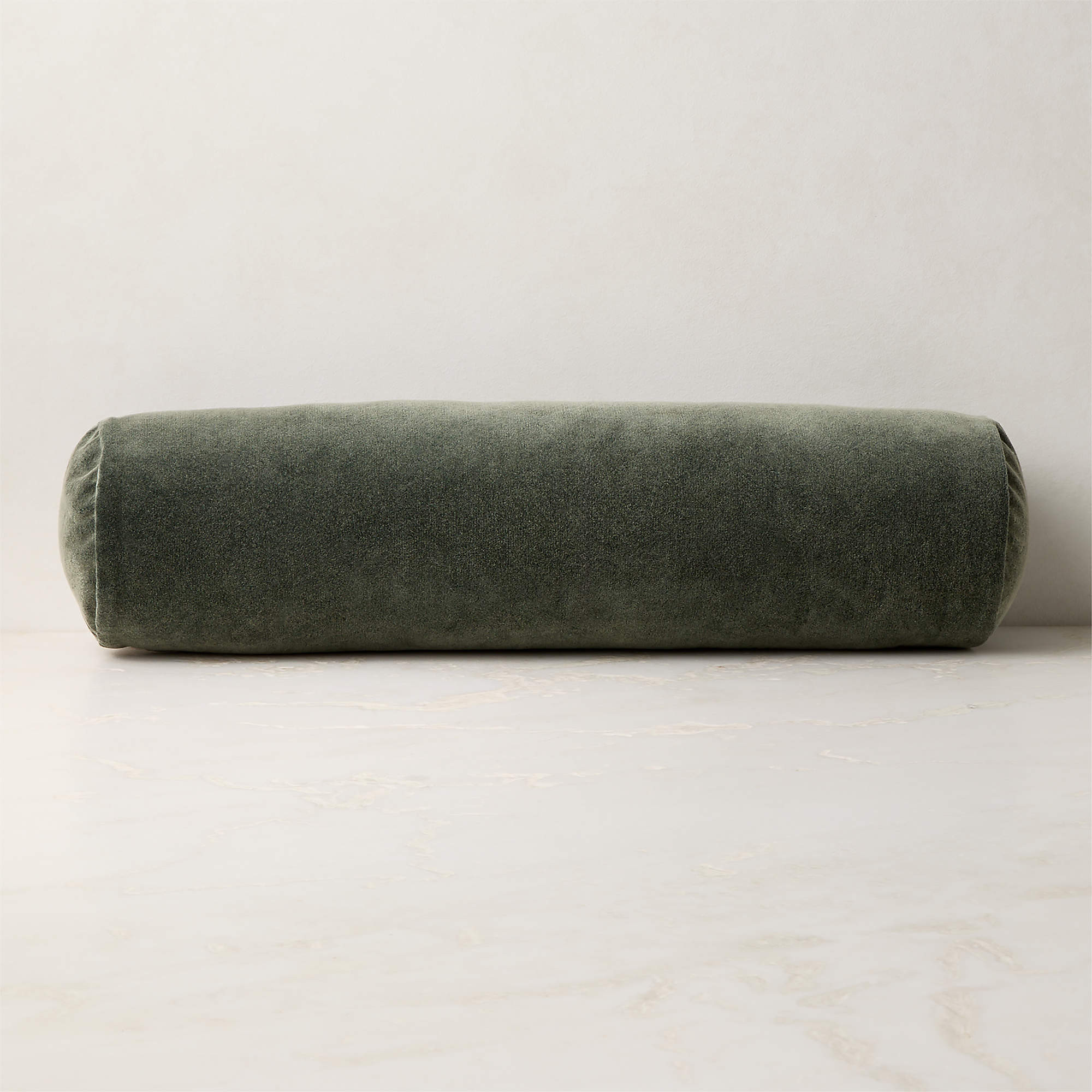 Encino Smoked Green Organic Cotton Stonewashed Velvet Bolster Throw Pillow 24"x6" + Reviews | CB2 | CB2