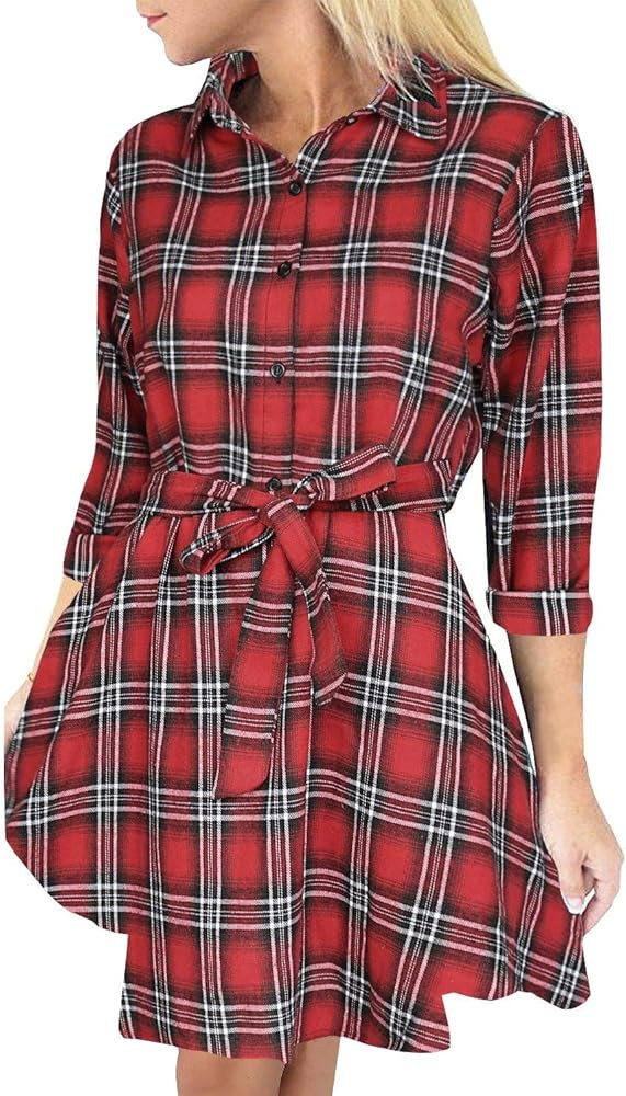 FANCYINN Women Long Sleeve Plaid Pattern Tunic Tops Shirt Casual Dress | Amazon (US)