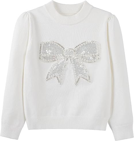 Danny D Young Girl′s Bowknot Sequin Knitted Sweater Crew Neck Long Sleeved Tops for Autumn and ... | Amazon (US)