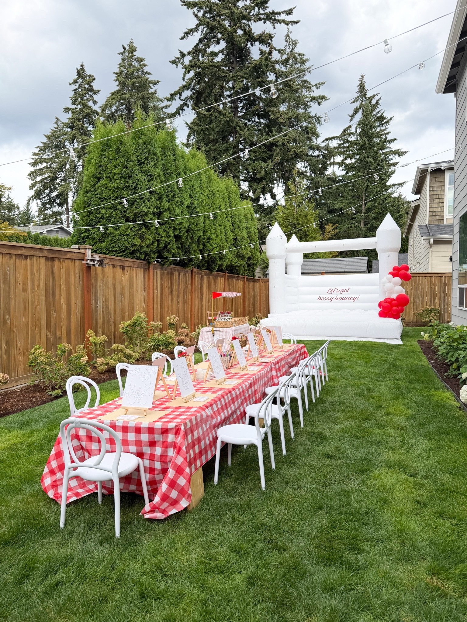 Hello Kitty strawberry market themed 6th birthday party! 

Cardboard decor, birthday candle, paper towel holder, gingham tablecloth, strawberry balloon arch kit, double roll raffle tickets, magnetic screen door, Cricut removable, paper straws, paper lantern, smart iron on, canvas tote bag, ribbon, Easel painting, paint, carbon paper, canvas panels, lollipop rings, strawberry lip balm, bubble wands