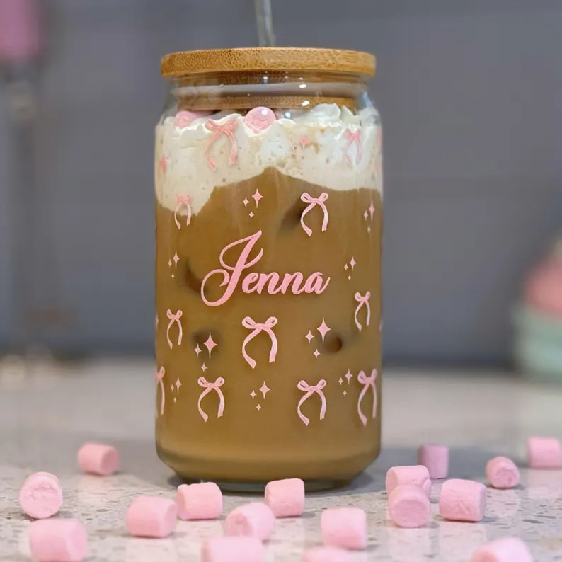 Glass Coquette Cup, 16 Oz Pink Bow Cup, Custom Iced Coffee Can, Personalized Gift for Bridesmaids... | Etsy (US)