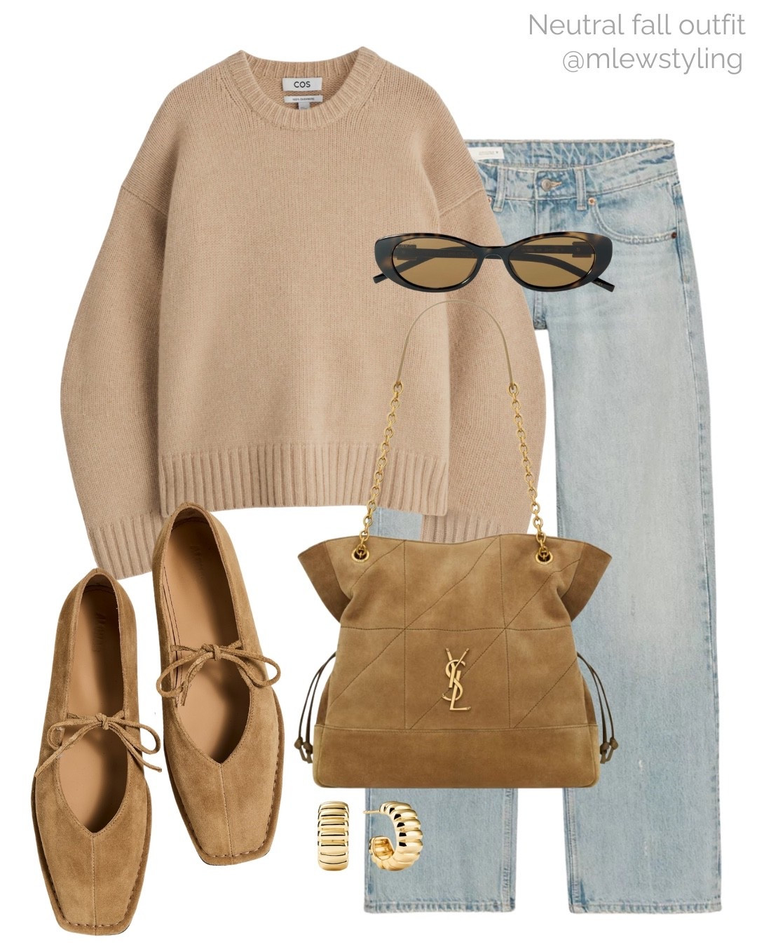 Neutral fall outfit with a cashmere crew sweater 🤎

Tags: autumn outfit, COS knit, ysl suede bag, new in Zara light wash jeans, suede ballet flats, Mejuri gold hoop earrings, Gucci sunglasses 

#LTKStyleTip #LTKShoeCrush #LTKItBag