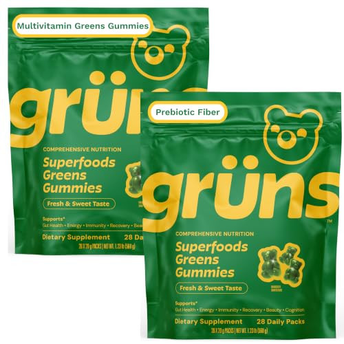 Gruns Adult Super Greens Multivitamin Gummies, Superfood Gummy Vitamins for Women and Men with Spirulina, Chlorella, Adaptogens & Prebiotic Fiber for Digestive Health (28 Count) (Pack of 2) | Amazon (US)