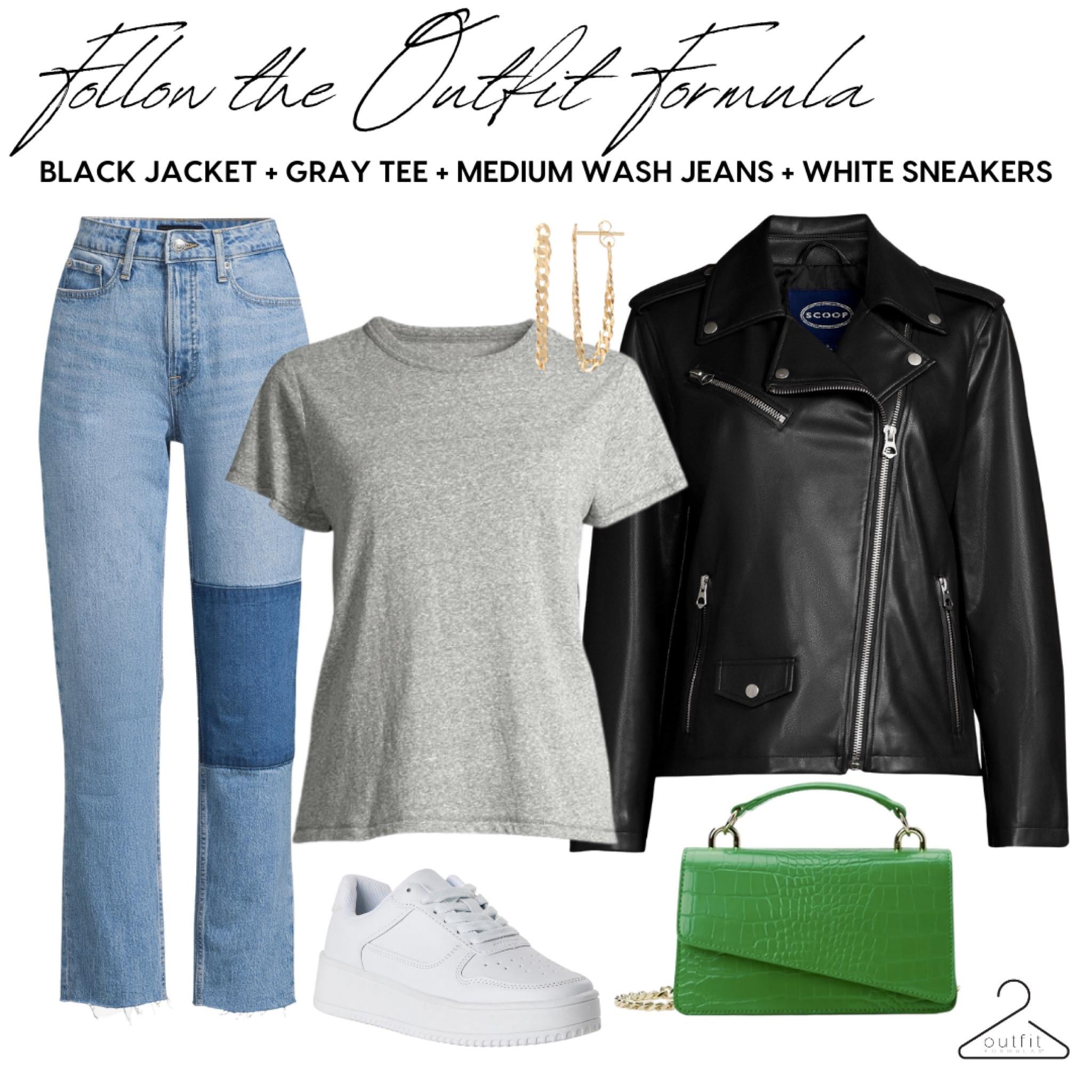 Follow the Outfit Formula: Black Jacket + Gray Tee + Medium Wash Jeans + White Sneakers from our Closet Staples Casual Outfit Guide. Get the guide at outfitformulas.com #walmart #outfitformulas

#LTKover40 #LTKSeasonal #LTKfindsunder50