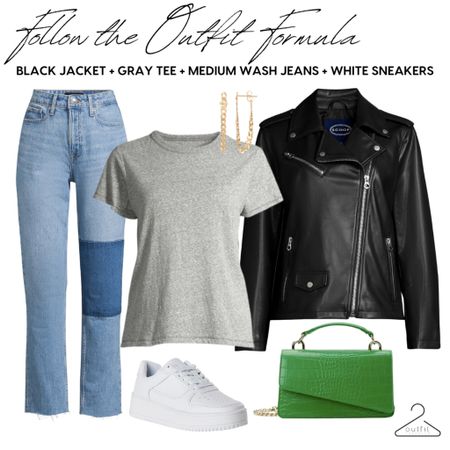 Follow the Outfit Formula: Black Jacket + Gray Tee + Medium Wash Jeans + White Sneakers from our Closet Staples Casual Outfit Guide. Get the guide at outfitformulas.com #walmart #outfitformulas

#LTKover40 #LTKSeasonal #LTKfindsunder50