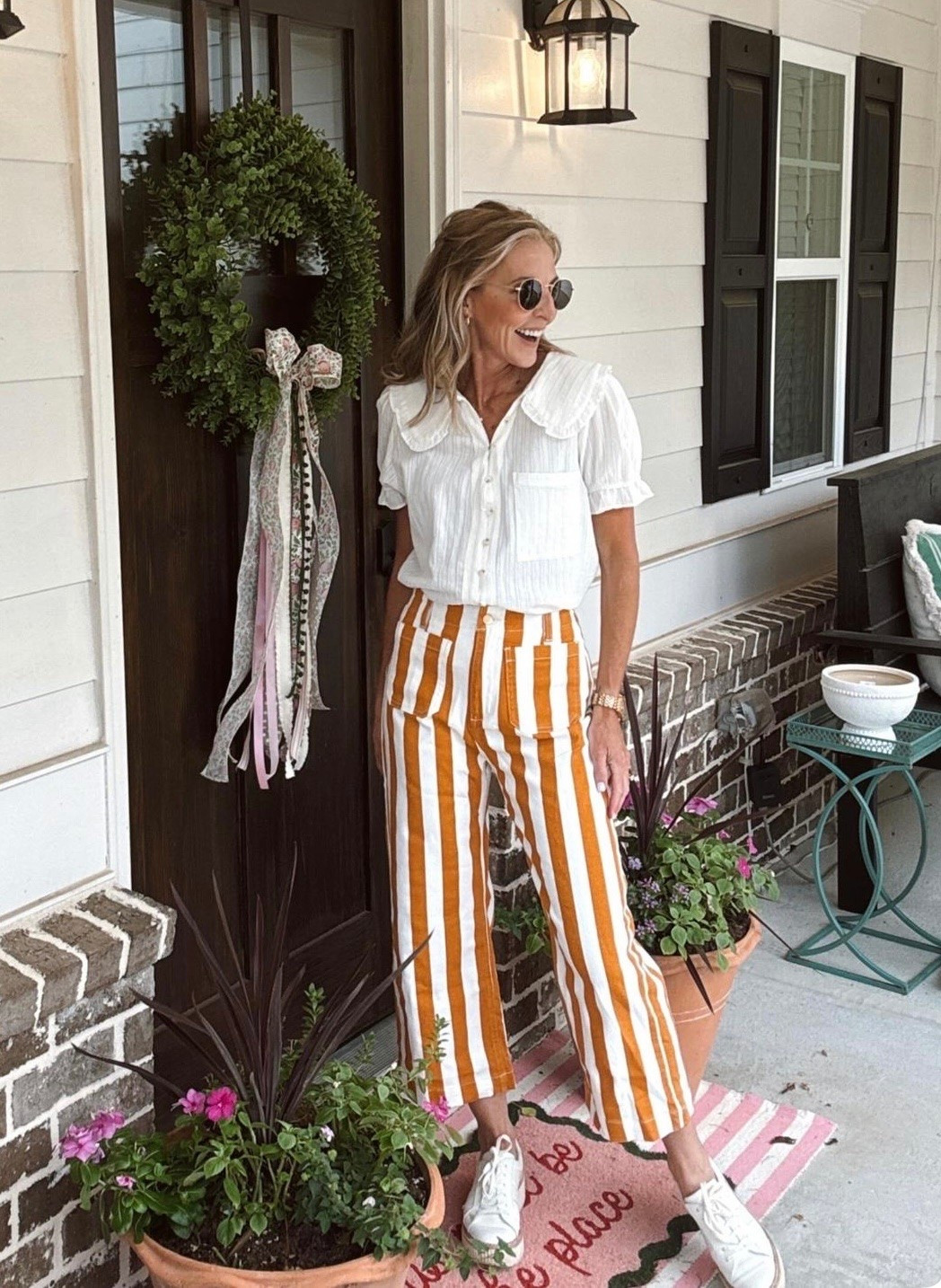 How good are these striped pants from Amazon? This outfit is a look-for-less and it is great quality. I love finding options that won’t break the bank and keep me looking chic, and this outfit did just that. The Peter Pan collar on this top is adorable and adds such a unique detail. The pants are 30% off right now and are only $29, and the top comes in 16 colors and is only $24. 
Affordable teacher outfit, look-for-less fashion

#LTKOver40 #LTKSaleAlert #LTKWorkwear