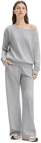 SUUKSESS Women 2 Piece Lounge Matching Set Off Shoulder Sweatshirt Wide Leg Sweatpant | Amazon (US)