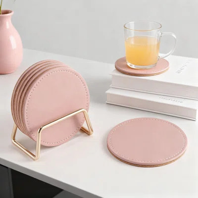 6-Pack PU Leather Drink Coasters With Metal Holder, Absorbent Cork Base Table Coaster Set For Home Decor And Housewarming Gifts | Wayfair North America