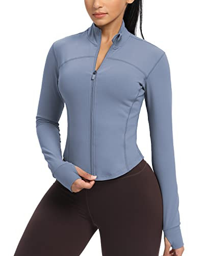 GYM RAINBOW Womens Zip Up Workout Jakcets Lightweight Slim Fit Running Athletic Jackets with Thumb Holes(#1 Dusty Blue,Small) | Amazon (US)
