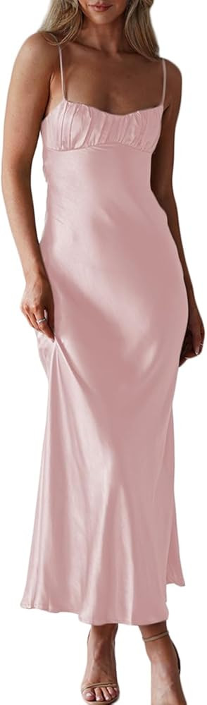 Satin Spaghetti Strap Backless Ruched Twist Cocktail Dresses for Women Silk Open Back Cut Out Mid... | Amazon (CA)