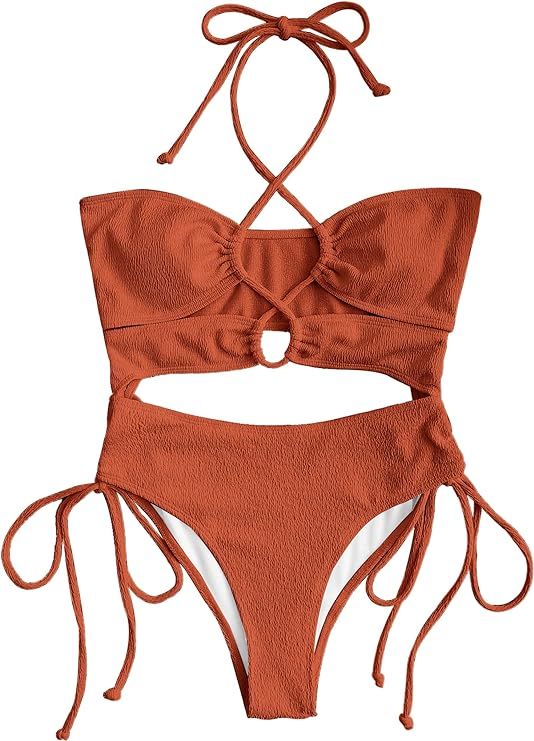 ZAFUL Women's Halter One Piece Swimsuit, Textured Lace-Up Cut Out Bikini Bathing Suit | Amazon (US)