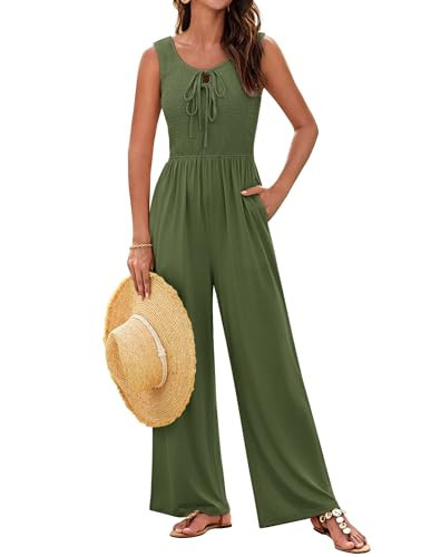 GRACE KARIN Rompers for Women 2025 Elegant Outfits for Women Army Green Wide Legs Flowy Jumpsuits for Women Army Green M | Amazon (US)