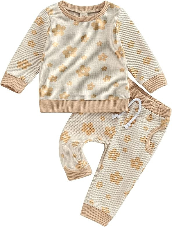 Karuedoo Toddler Baby Girl Clothes Waffle Floral Print Long Sleeve Pullover Shirts Tops Pants Set... | Amazon (US)