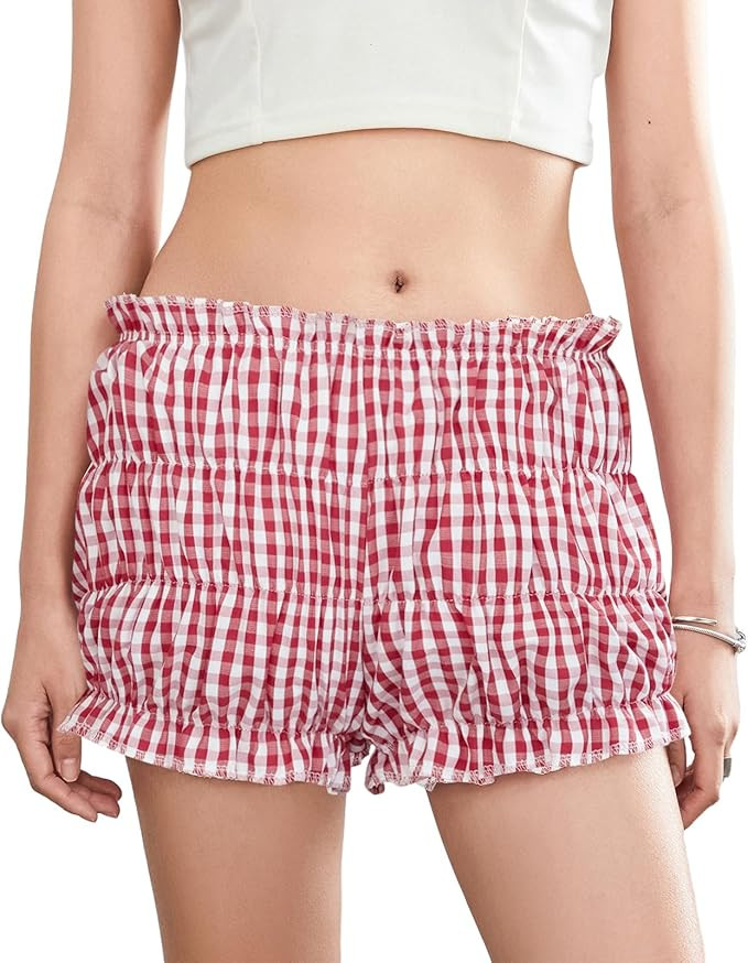 PanLidapan Women Summer Y2k Plaid Shorts Casual Gingham Shorts Elastic Ruffled Shorts Kawaii Bloo... | Amazon (UK)