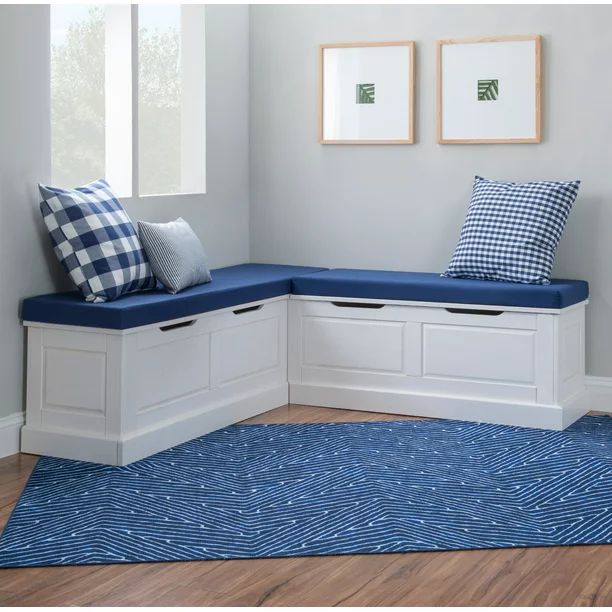 Linon Romero Backless Corner Dining Bench with Storage, Blue Fabric, White Finish | Walmart (US)
