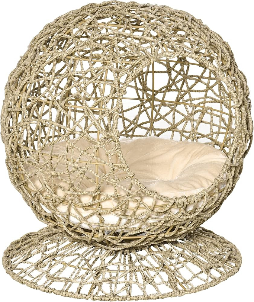 PawHut Rattan Elevated Cat Bed Kitty Condo with Comfortable Soft Cushion, Wicker Construction and... | Amazon (US)