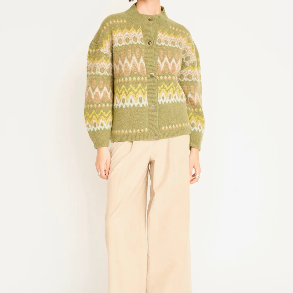 Cusco Fairisle Knit Cardigan in Olive Oil | MIRTH