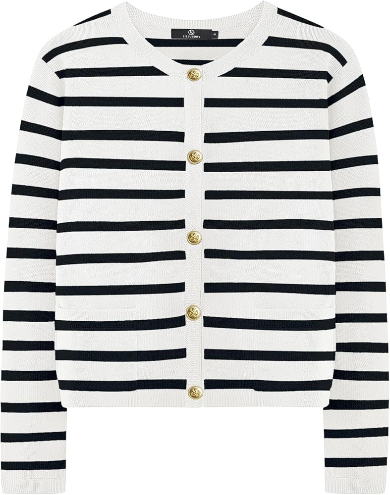 LILLUSORY Women's Striped Cardigan Sweaters Fall Oufits Clothes Fashion Trendy Long Sleeve Tops C... | Amazon (US)