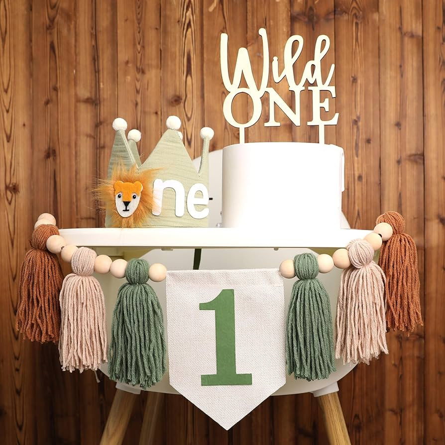 Wild One 1st Highchair Banner Wood Bead Tassel Garland Lion Crown Hat Wooden Cake Topper Birthday... | Amazon (US)