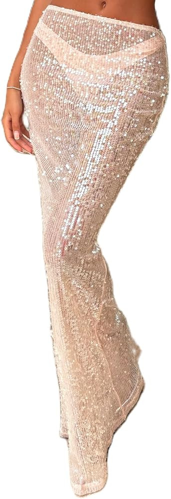 Women Sheer Sequin Maxi Skirt Rave Outfits Elastic Waist See Through Sparkly Long Skirt Festival ... | Amazon (US)