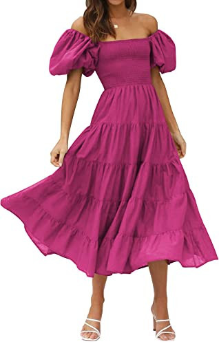 PrettyGuide Women's Summer Square Neck Short Puff Sleeve Solid Color High Waist Casual Smocked Flowy A Line Tiered Midi Dress Hot Pink S | Amazon (US)