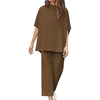 Yousify Women's Two Piece Outfits Crew Neck Pullover Tops 3/4 Batwing Sleeve Capelet Wide Leg Pan... | Amazon (US)