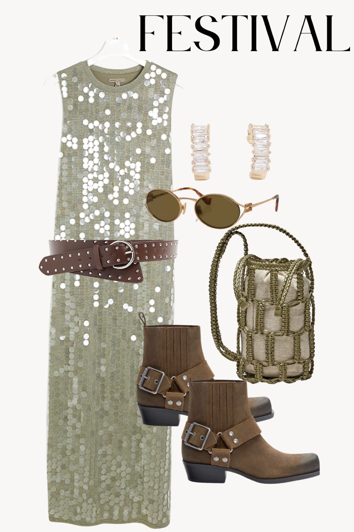 Festival outfit-Sequin maxi dress, studded belt, bucket bag, brown suede buckle boots, Miu Miu sunglasses & gold diamond earrings.
Festival, summer outfit, Glastonbury outfit, concert outfit, eras tour.

#LTKsummer #LTKeurope #LTKpartywear