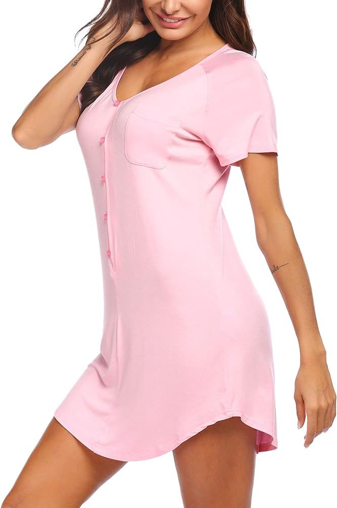 Ekouaer Womens Nightshirt V Neck Boyfriend Sleepwear Shirts Loose Sleeve Button Sleep Tee S-XXL | Amazon (US)