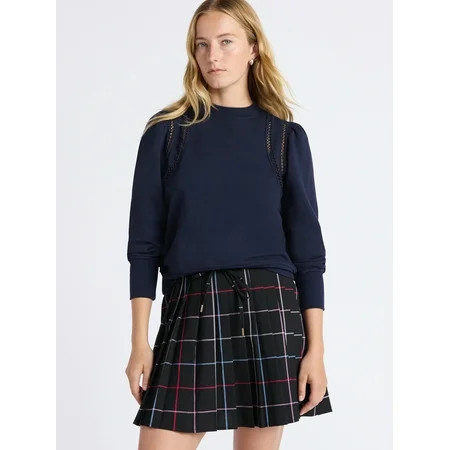 Free Assembly Women's French Terry Sweatshirt with Lace Inset and Long Puff Sleeves, Sizes XS-XXL | Walmart (US)