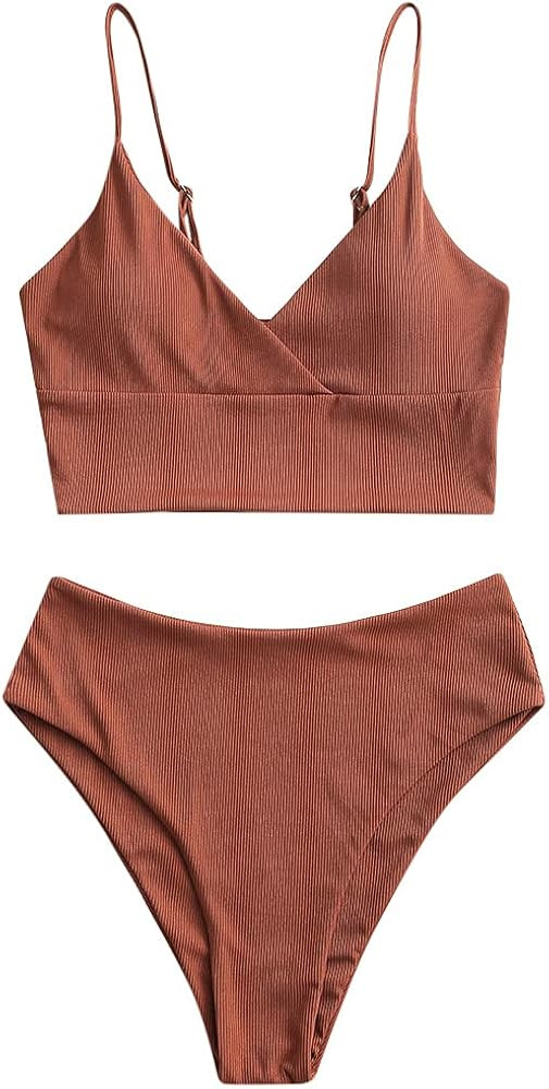 ZAFUL Women's V Neck Tankini Set, Ribbed High Cut Surplice Bikini High Waisted Two Piece Swimsuit | Amazon (US)