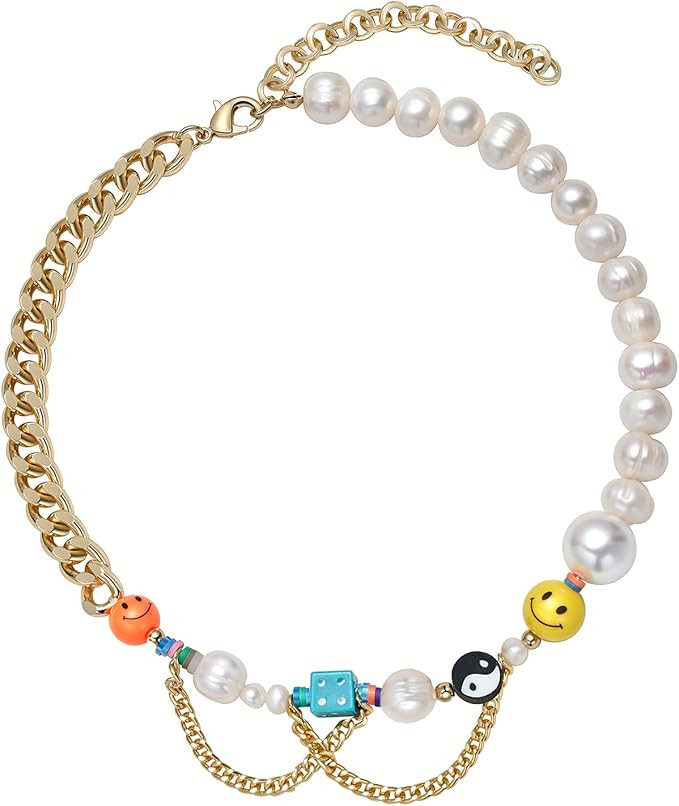Happy Go Lucky Necklace Smiley Face Pearl Chain Necklace Y2k Yin Yang Rainbow Polymer Clay Beads ... | Amazon (US)