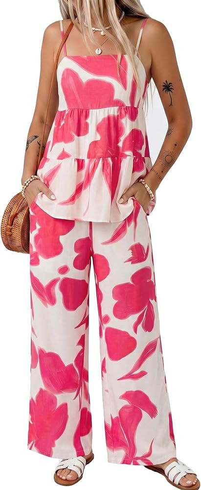 Glamaker Womens Summer 2 Piece Sets Floral Spaghetti Tank Top Wide Leg Pants Travel Beach Vacatio... | Amazon (US)