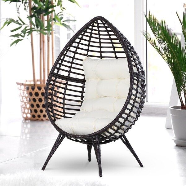 Outsunny Outdoor Indoor Wicker Teardrop Chair with Cushion Rattan Lounger - Cream White | Bed Bath & Beyond