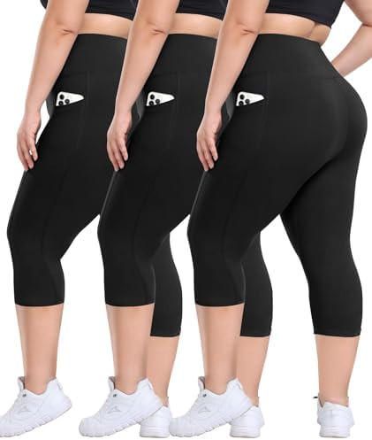 3 Pack Plus Size Leggings with Pockets for Women - High Waisted Tummy Control Spandex Soft Black ... | Amazon (US)