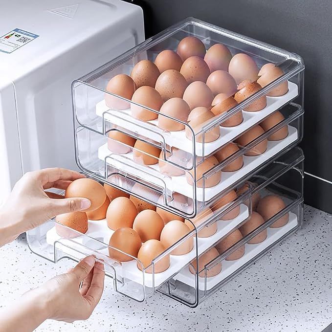64grid Stackable Egg Holder For Refrigerator Drawer Pull Out, Clear Egg Container Fridge Storage ... | Amazon (US)