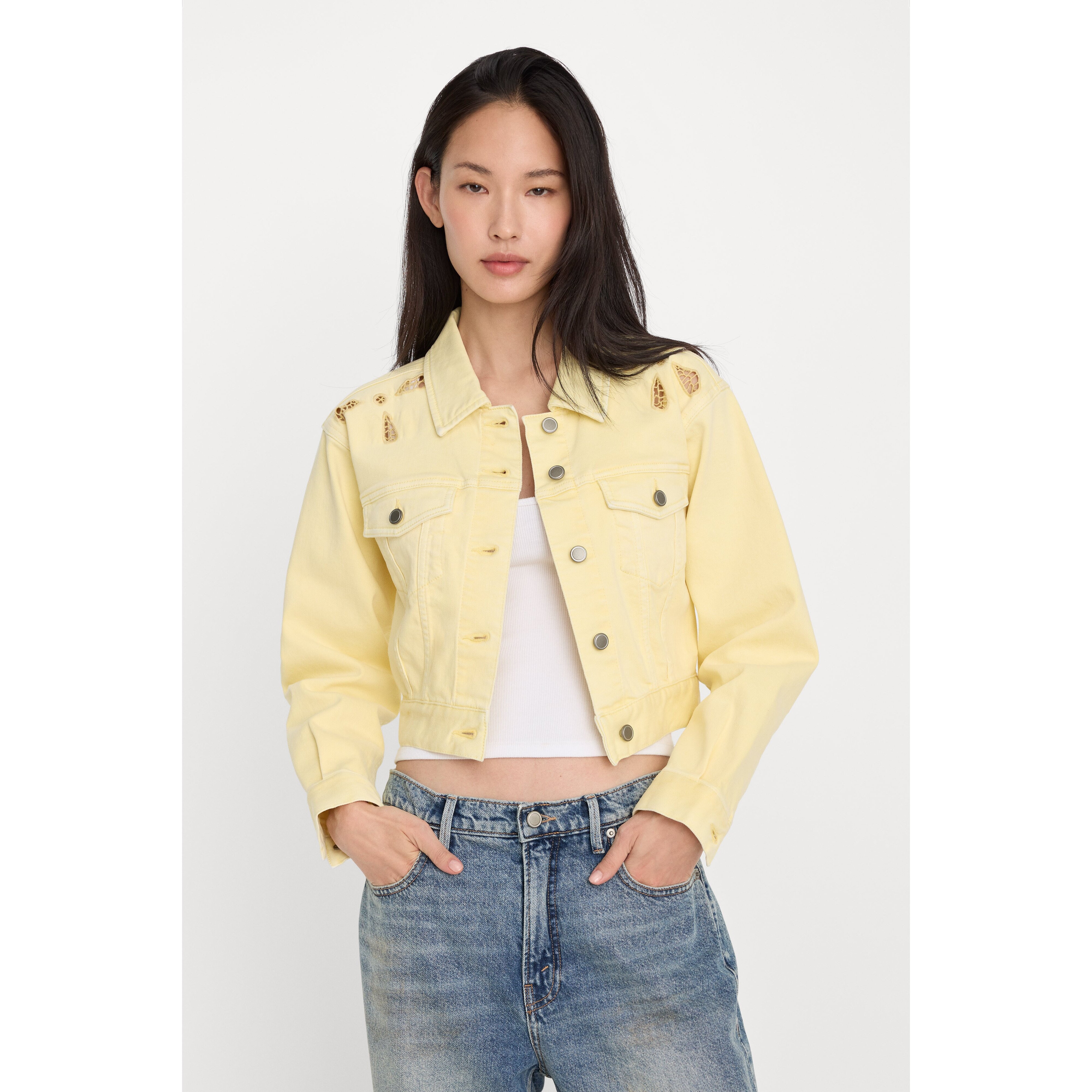 Women's Essential Crop Denim Jacket Embroidered | Anise Yellow, Size XL | Good American by Khlo� Kardashian | Good American