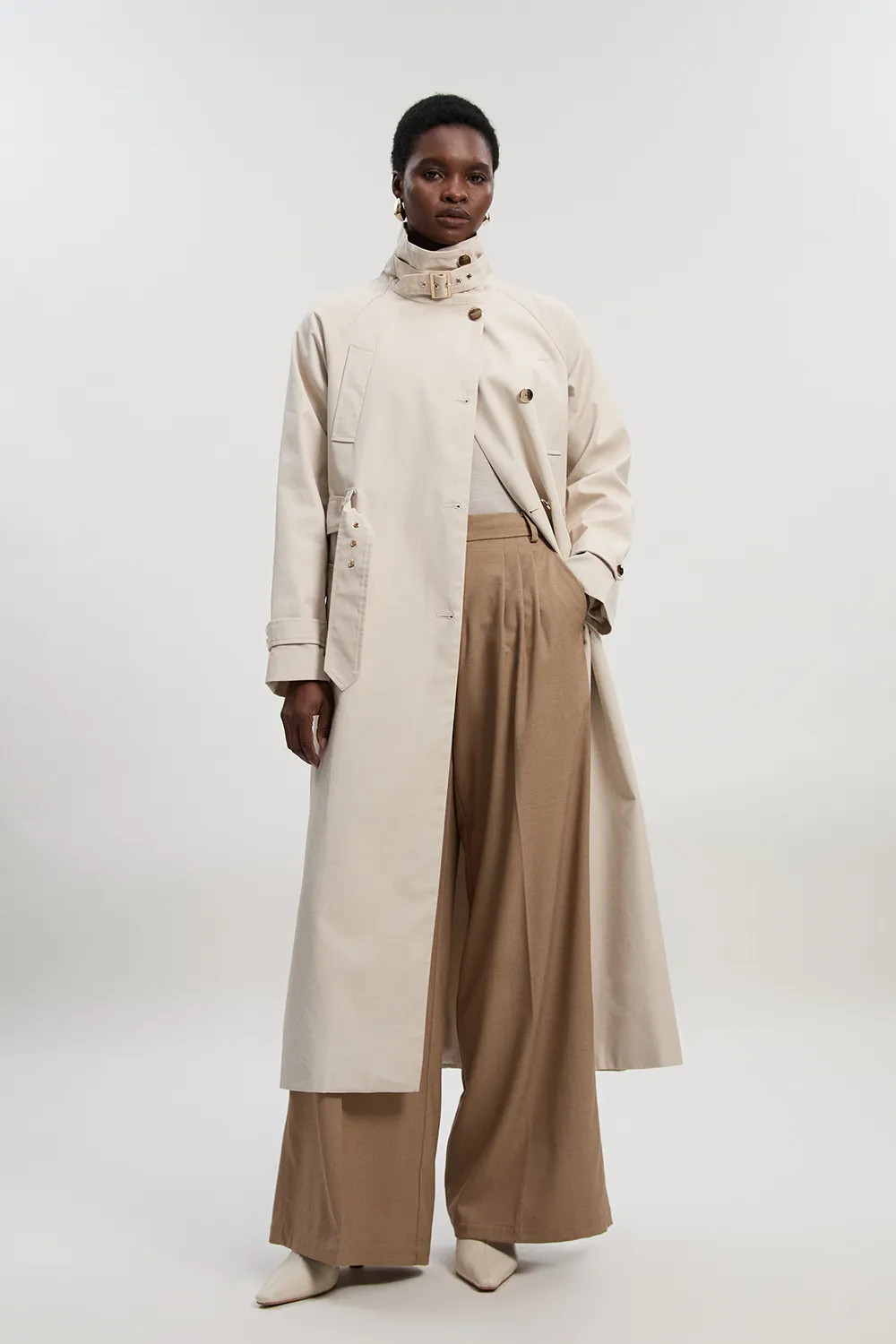 Cream Funnel Neck Trench Coat | Karen Millen | Karen Millen UK + IE + DE + NL